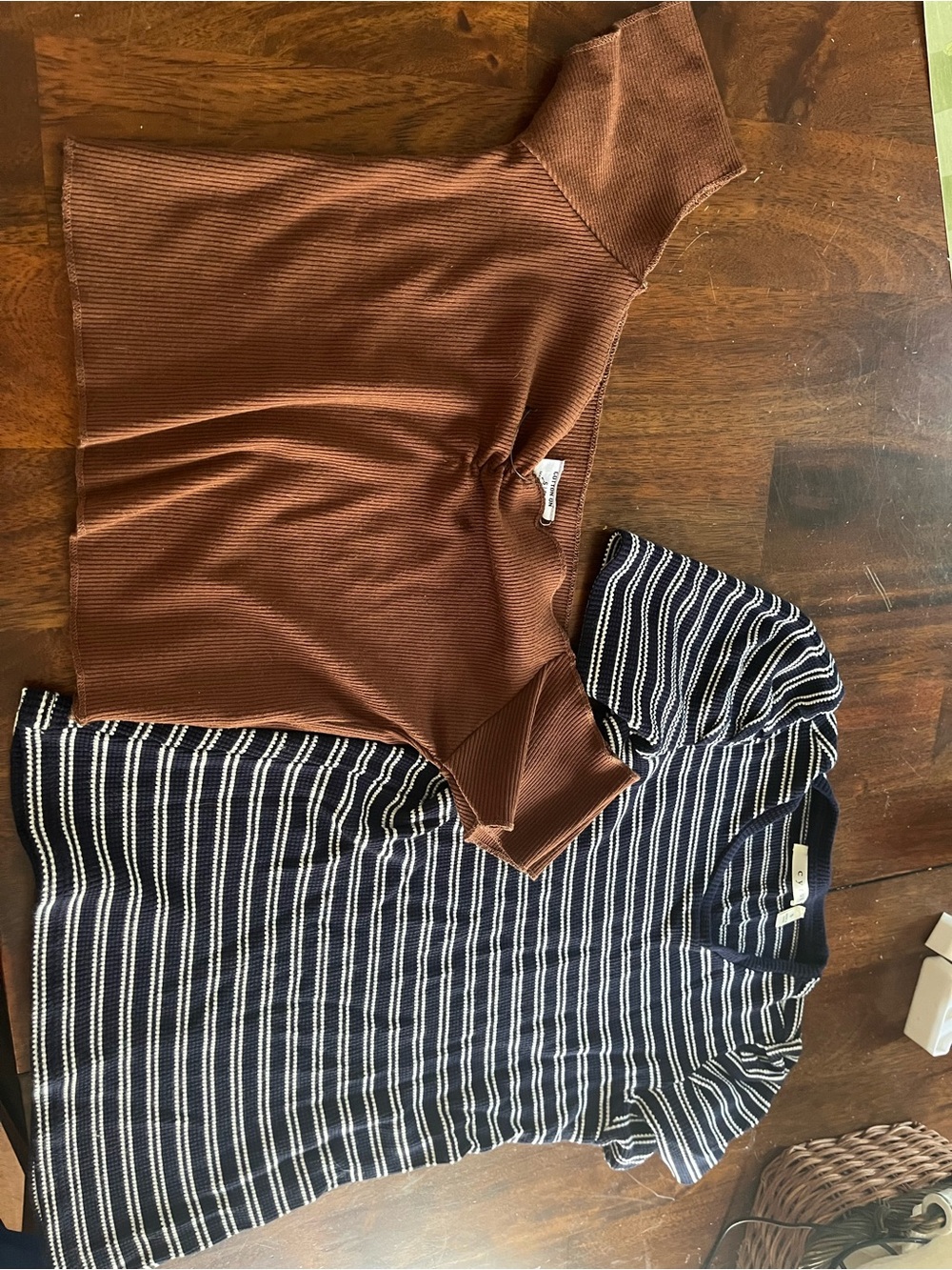 Cotton On Brown Ribbed One-Shoulder Top + Cotton On Navy White Striped Tee